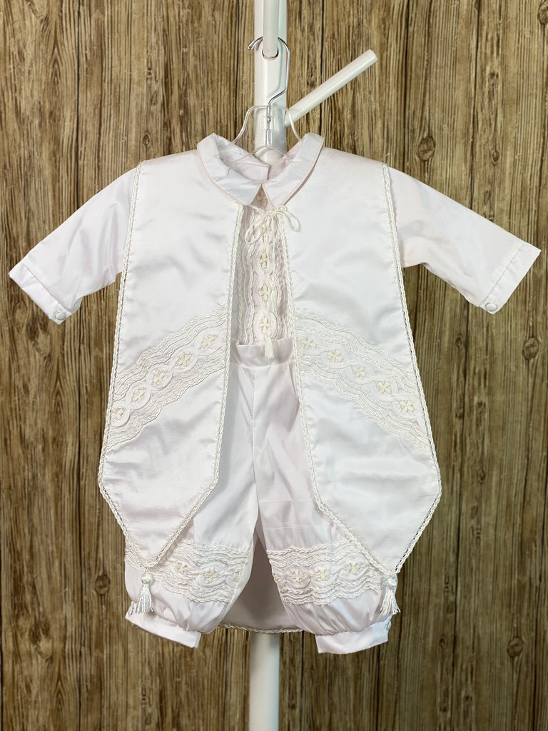 This a beautiful, one-of-a-kind boy’s baptism gown/set.  Lovely clothes for a precious child.  White satin, size 12M Collared shirt with short sleeves Buttoning on pant cuffs Button closure on back of shirt Braided trim along edge of stole Embroidered cross on stole Braided pin tucks on pant legs Rope closures on chest of stole and under arms