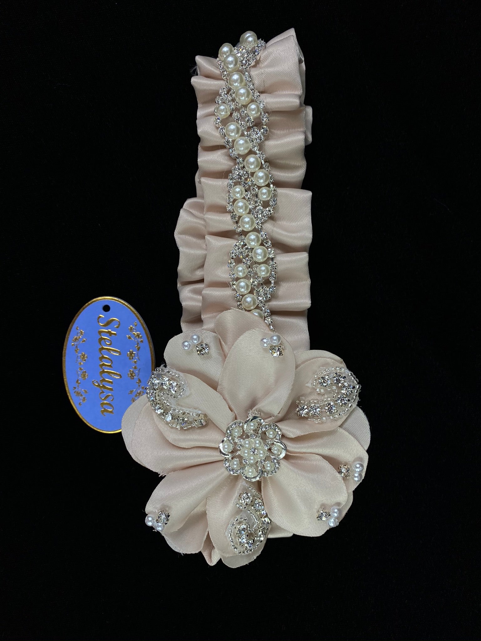 Baptism Headwrap  This is an elegant handmade and one-of-a-kind Champagne satin headwrap with satin flowers and rhinestones and pearls.  Headwrap is elastic wrapped on soft satin material.   Your baby will look like the little princess she is with this headwrap on her special day!  