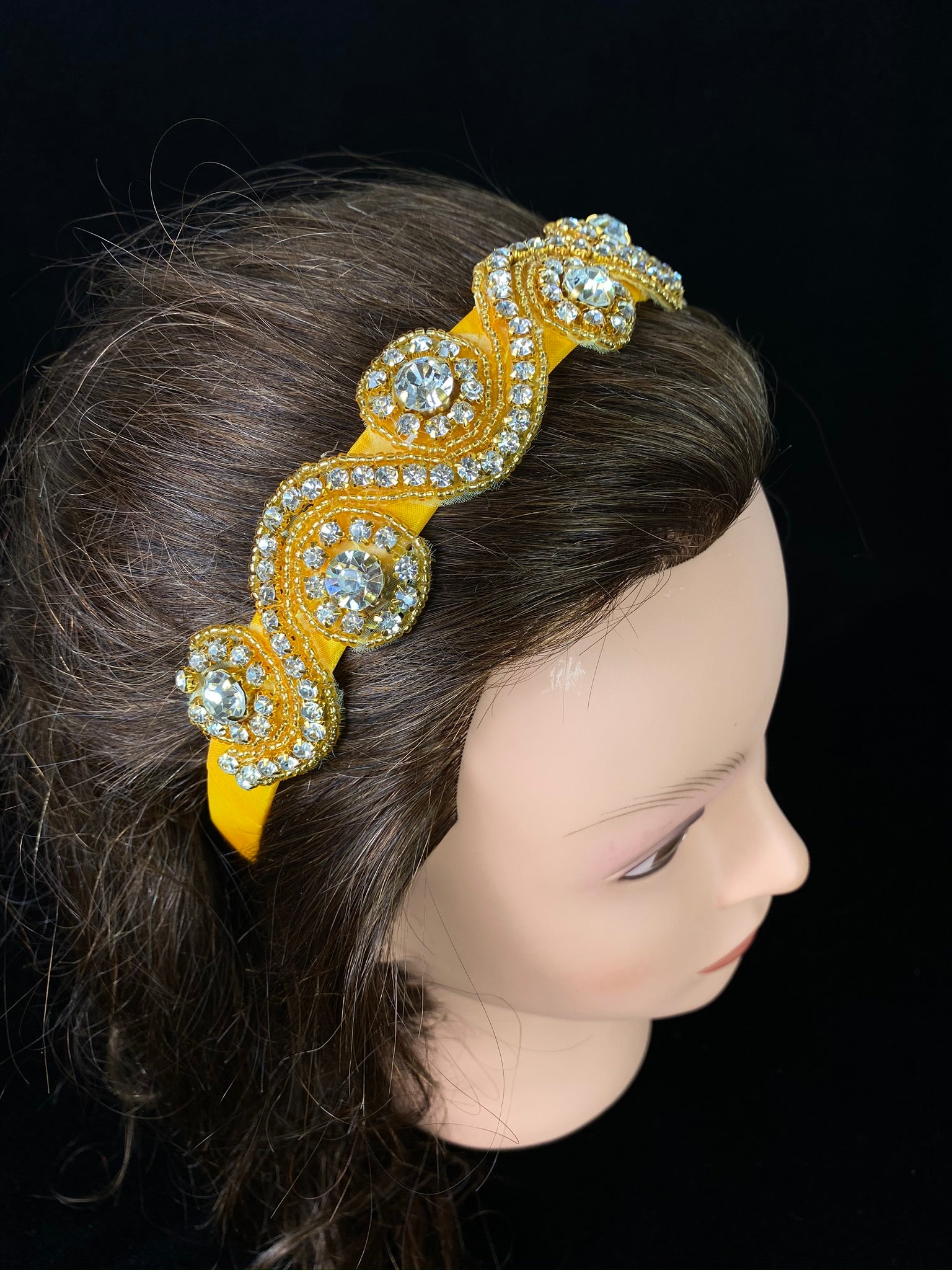 Headband - Yellow / Gold with Swirled Jewels  This is an elegant unique handmade and one-of-a-kind yellow / gold headband with rhinestone and gold beads.    This headband can be worn with dresses from Stelalysa's Celebration/Pageant Collection and for any occasion such Baptism or First Communion!  One size fits all.