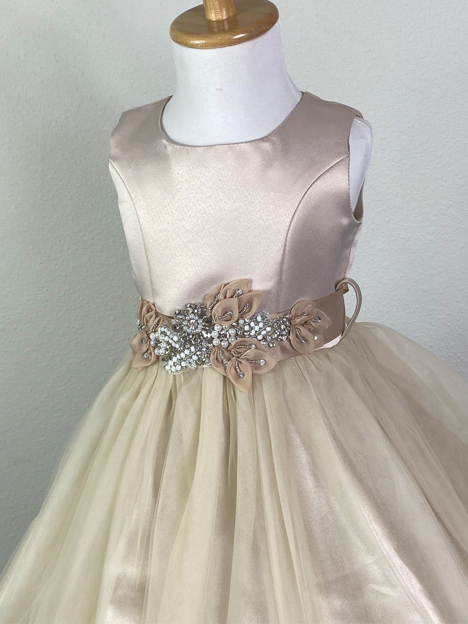 Champagne, size 2 Champagne paneled bodice Beige ribbon belt with rhinestone and bead detailing along leaves Champagne satin skirting with tulle overlay Zipper closure Dress pictured with a petticoat Petticoat not included  Choose from a tulle, cloth, or wire for best look
