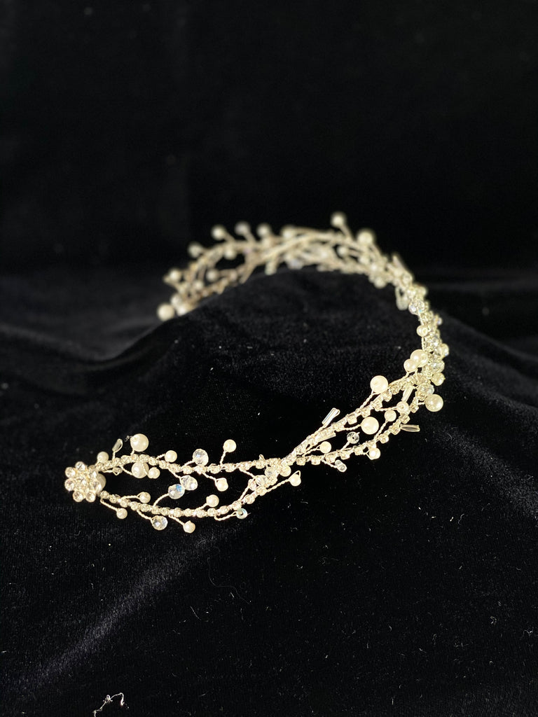 Beautiful headband applique with pearl and rhinestone detailing.   Headband is 14.5" long, to wrap beautifully around the head. To secure in on the head properly, bobby pins will need to be used, 