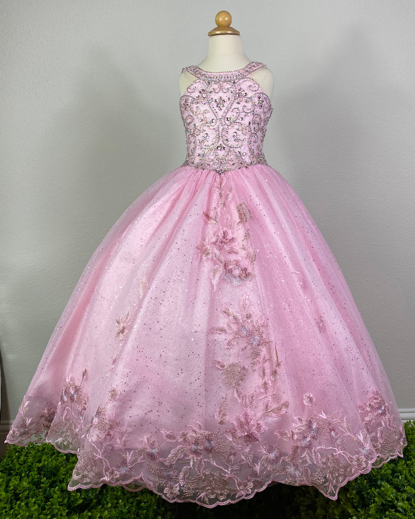 Pink, size 6 Pink circle neckline with paneled bodice Bedazzled appliques over entire bodice and neckline Pink glittered tulle over satin skirting Embroidered flowers over tulle on skirting Corset backing Dress pictured with a petticoat Petticoat not included  Choose from a tulle, cloth, or wire for best look