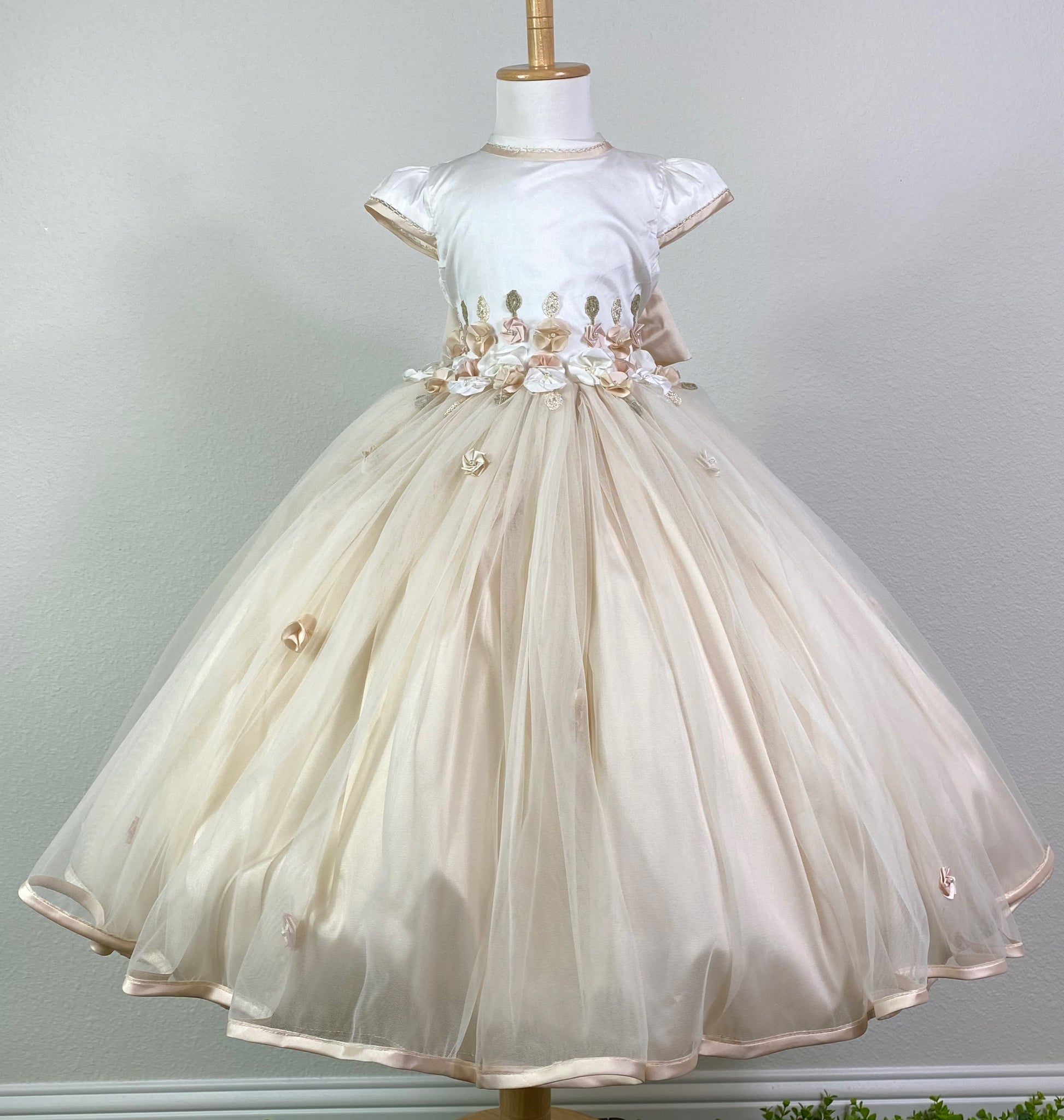 Ivory bodice with beige handstitched trim along sleeve and neckline Cap sleeves Rows of pinwheel flowers and embroidered leaves along lower bodice Beige tulle over satin skirting Small pinwheel flowers scattered along skirting Beige trim along edge of skirt Satin button closure Beige ribbon for bow Dress pictured with a petticoat Petticoat not included  Choose from a tulle, cloth, or wire for best look