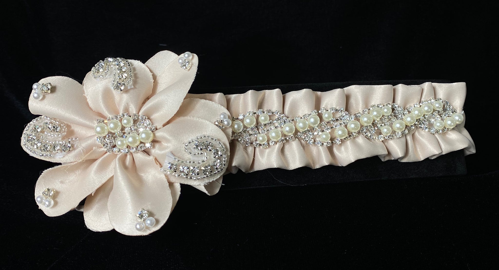 Baptism Headwrap - Beige Organza Double Flower with Rhinestones  This is an elegant handmade and one-of-a-kind Beige headwrap is made with organza material.   This gorgeous headwrap has pearls, rhinestones, and white beads throughout.  The elastic headwrap is made of a soft organza with an intricate rhinestone and gold bead design.  This headwrap can be worn with dresses from Stelalysa's Baptism & Celebration/Pageant Collections and for any occasion!  It fits best on girls ages 1-6.