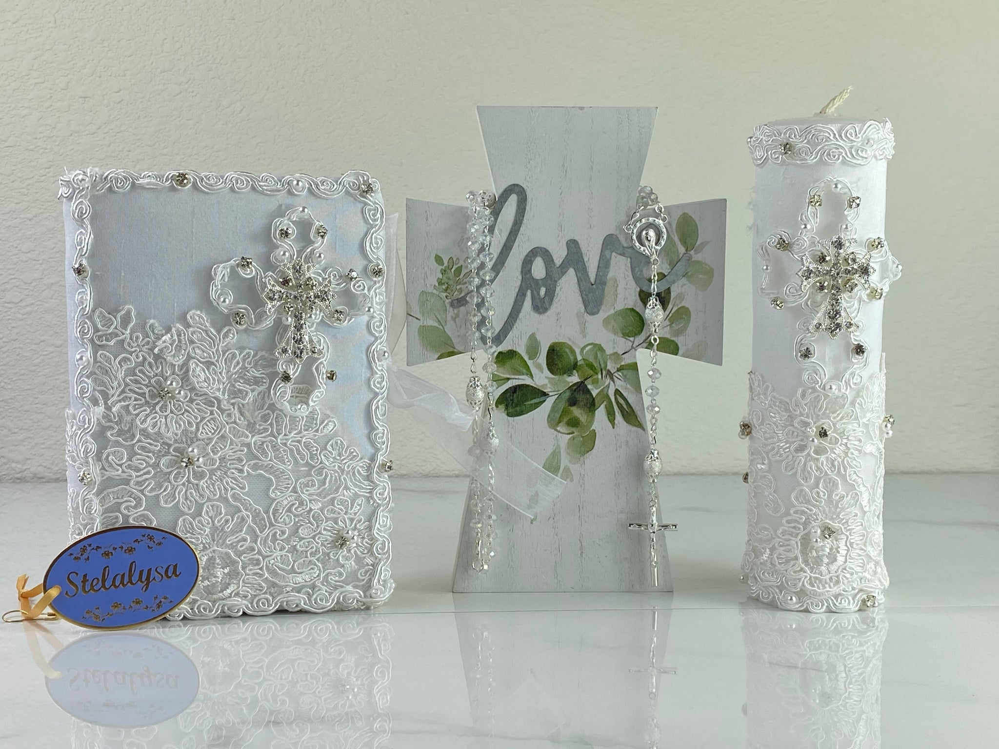 White - Elegant Bible, Candle, & Rosary Set - A100