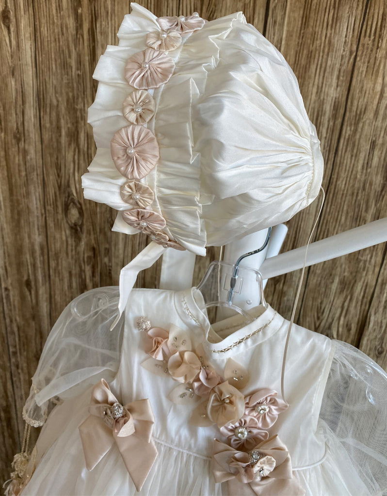 Bonnet  Satin pleated bonnet  Dusty Rose flowers along brim  Pearl centers on flowers