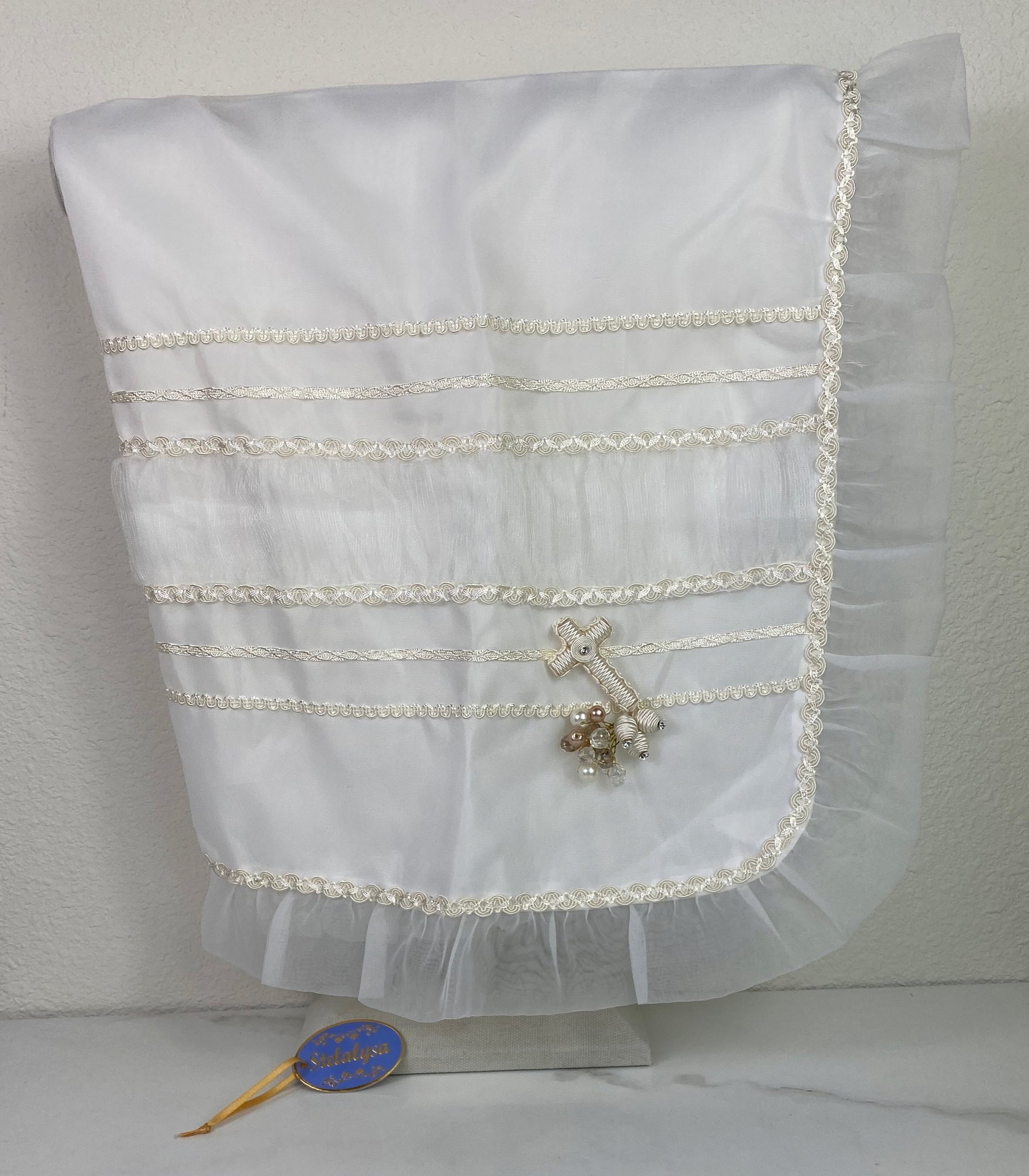 ivory tulle baptism blanket with cross and lace