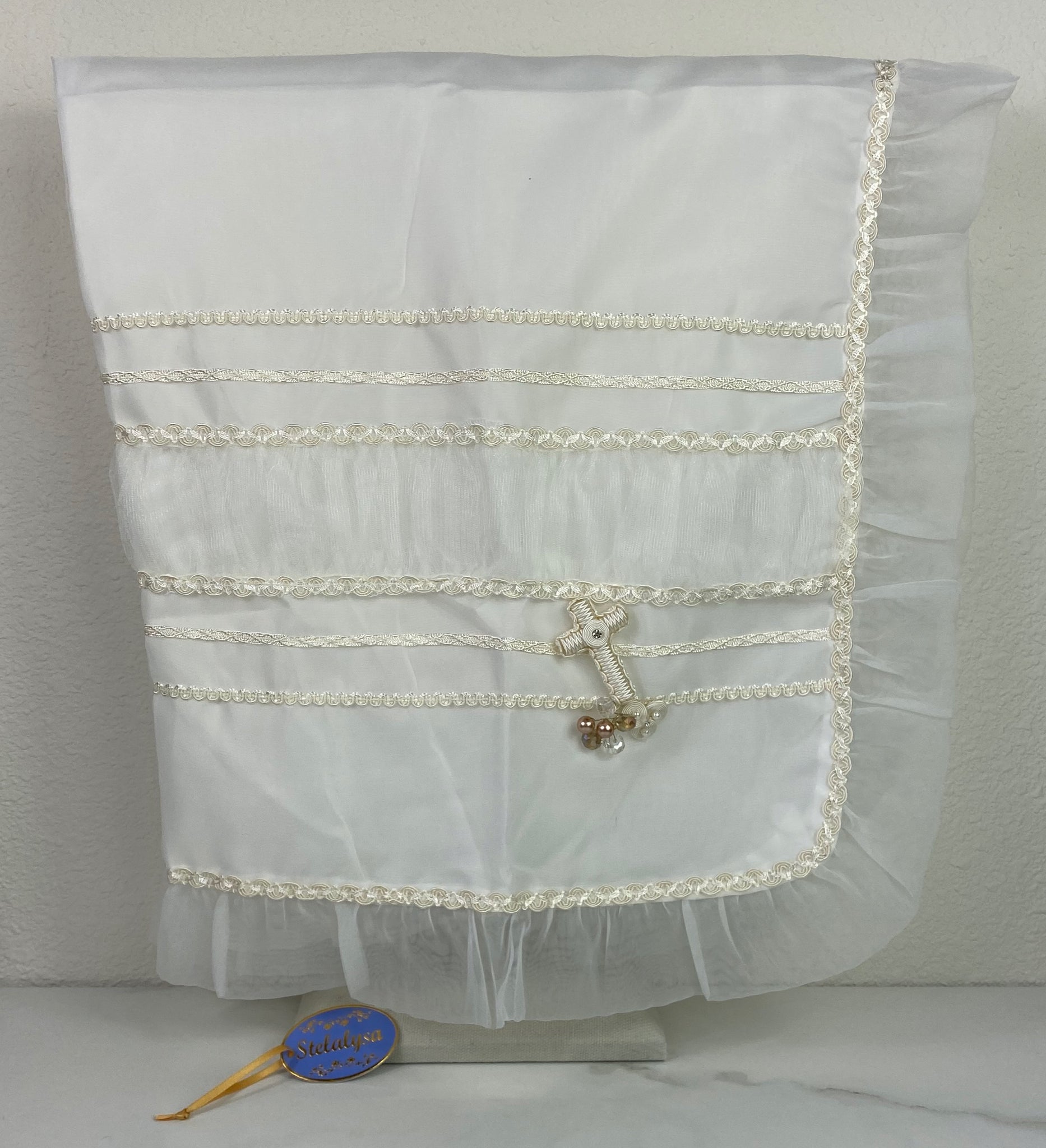 tulle ivory baptism blanket with cross
