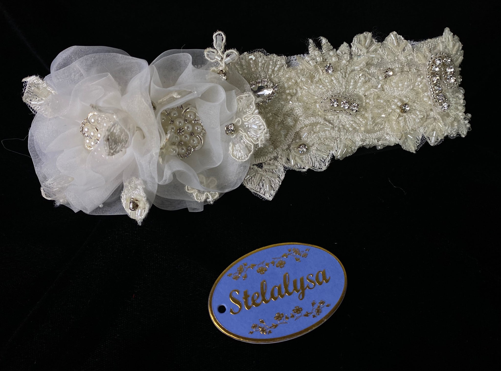 Baptism Headwrap  This is an elegant handmade and one of a kind ivory & white headwrap with tulle flower on lace, pearls and rhinestones.  Headwrap is made of soft cotton lace elastic.  Your baby will look like the little princess she is with this headwrap on her special day!  