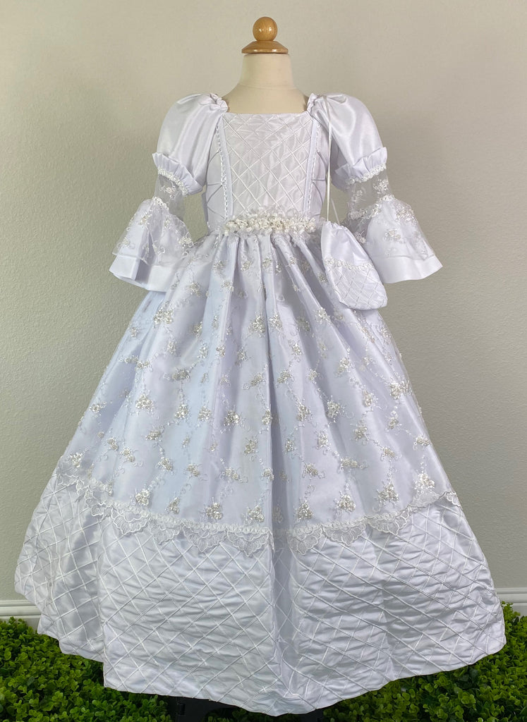 White, size 8 Puff Quarter Bell Sleeve with Lace Overlay Embroidered Panel Bodice Floral Lace Overlay on Skirt with sequins on flowers Floral Detailing with crystals on Sash Sequin Trimmed Lace along edge of skirt Matching purse