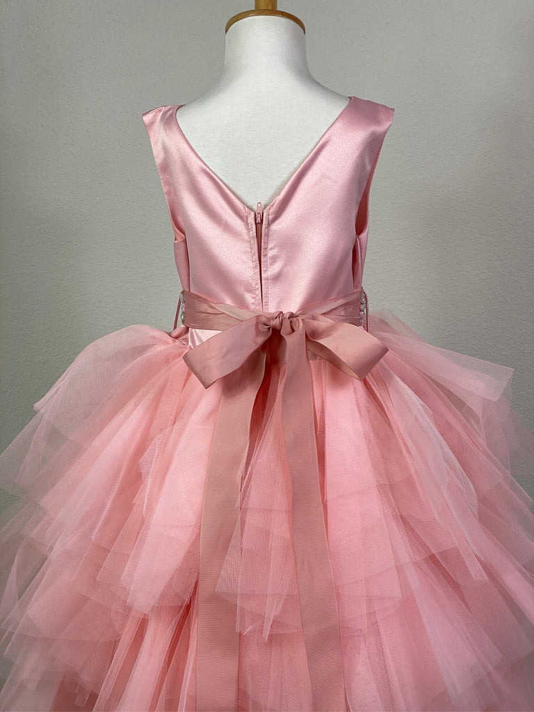 PINK Pink satin bodice Pearl embellished belt going from front to back Layered pink tulle skirting over pink satin Zipper closure Dress pictured with a petticoat Petticoat not included  Choose from a tulle, cloth, or wire for best look