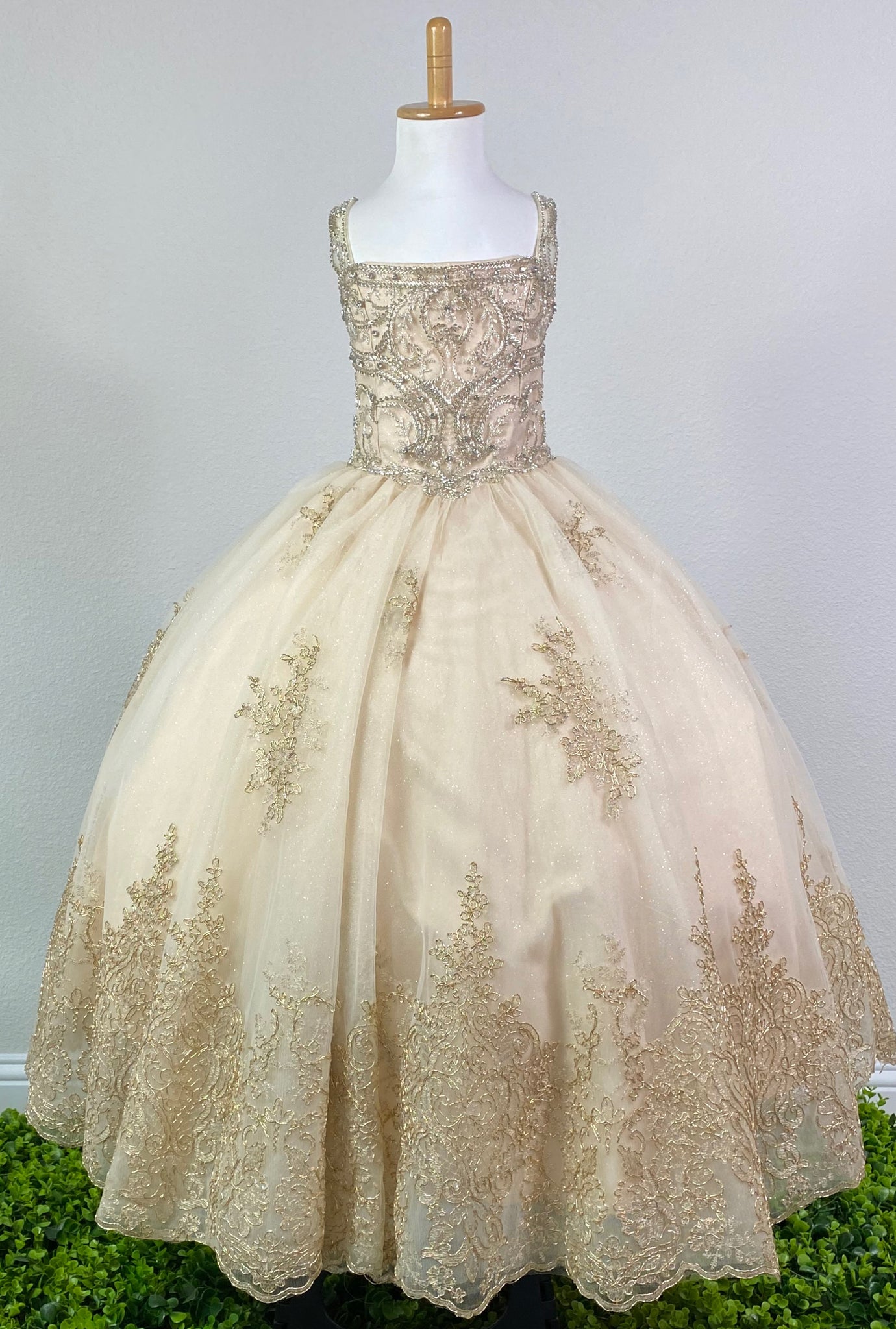 Gold, size 4 Golden bodice Bedazzled rhinestone tulle over bodice and thin straps Sparkled tulle over golden satin skirting Gold embroidered trim along edge of skirting Corset back Dress pictured with a petticoat Petticoat not included  Choose from a tulle, cloth, or wire for best look