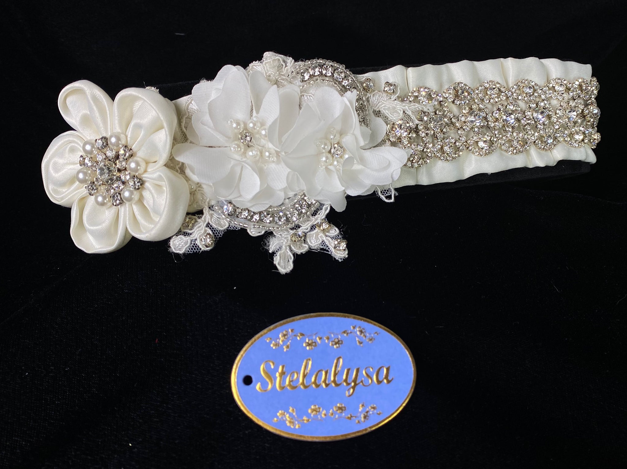 Baptism Headwrap  This is an absolutely gorgeous handmade and one-of-a-kind white and ivory satin headwrap with flowers, rhinestones, pearls, and beads.  Headwrap is elastic wrapped on soft satin material.   Your baby will look like the little princess she is with this headwrap on her special day!  