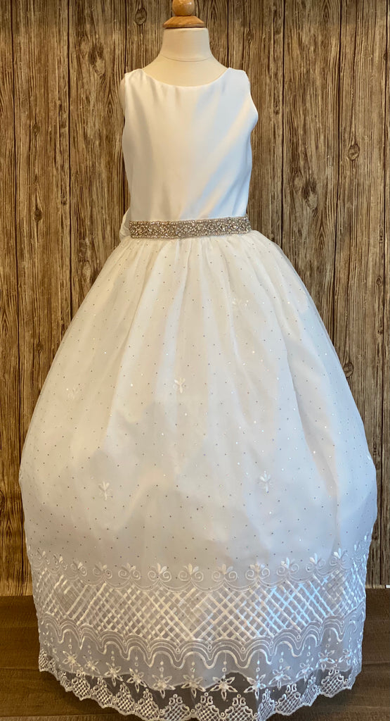 White, size 12 Scoop neck satin bodice Rhinestone belt Tulle skirt with jeweled detailing Embroidered lace trim among skirt edge Pearl buttoned closure Satin ribbon for big bow