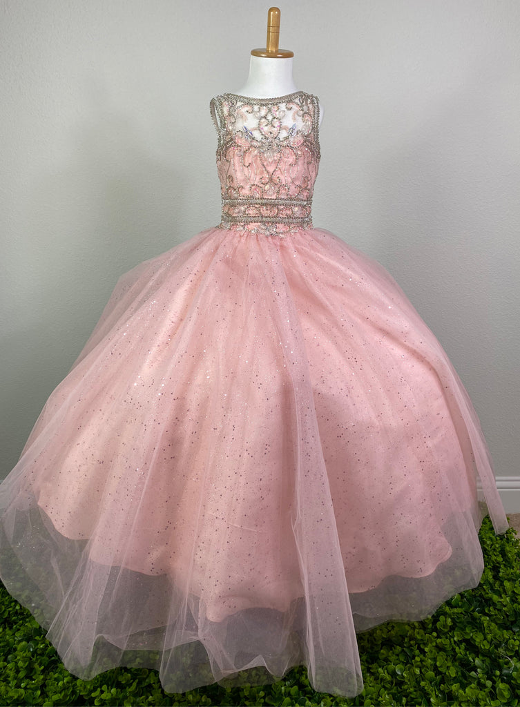 Pink, size 4 Satin illusion bodice Bedazzled rhinestone tulle over bodice Crystal gems along bodice Glittered pink tulle over pink satin skirting Corset back Dress pictured with a petticoat Petticoat not included  Choose from a tulle, cloth, or wire for best look