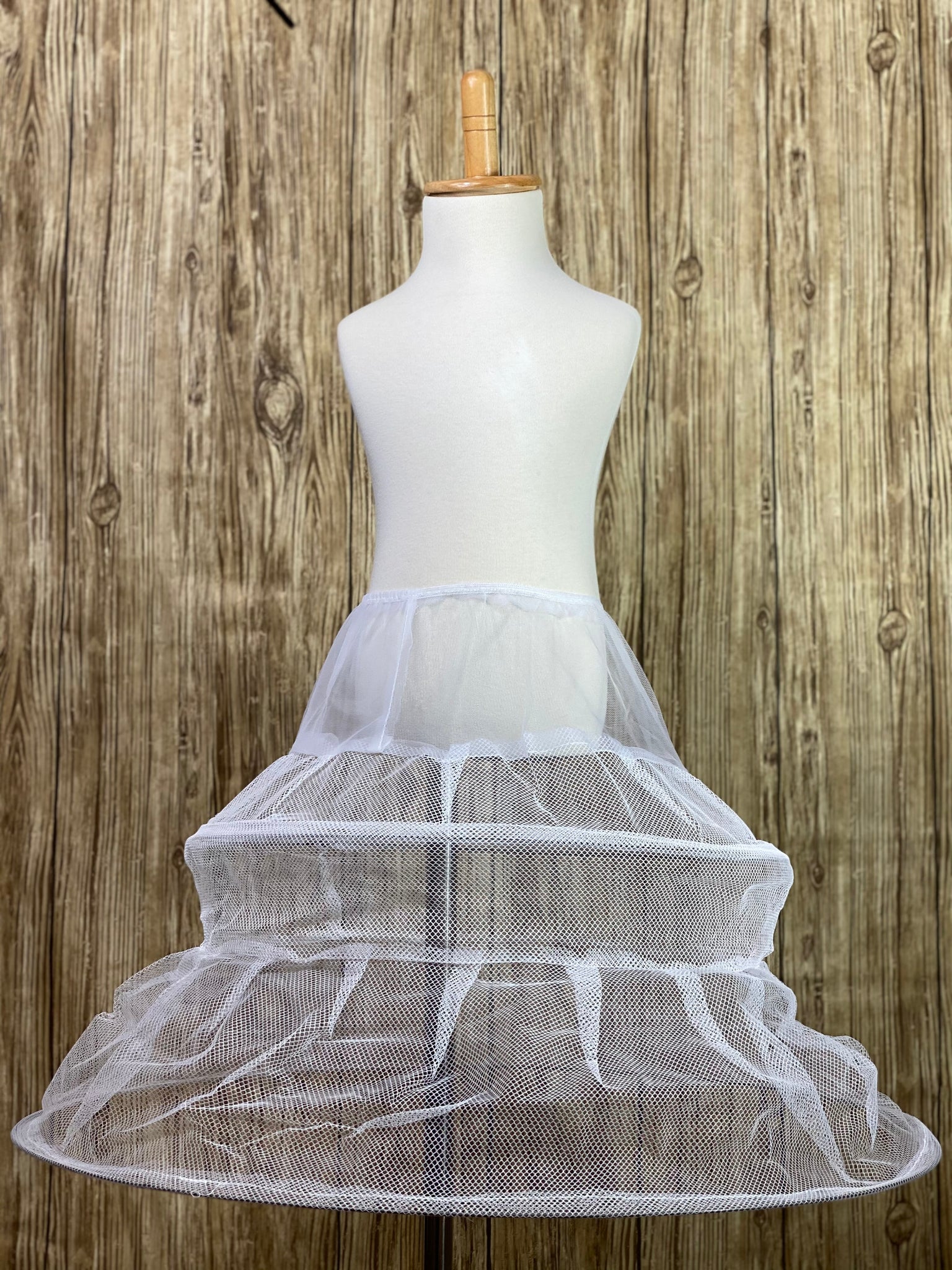 2 hoop mesh wire crinoline petticoat 2 sizes Small -21in diameter (wide), 13.5in tall / long (Size 3-6) Medium- 24in diameter (wide), 16.5in tall / long (Size 8-12) Elastic waist