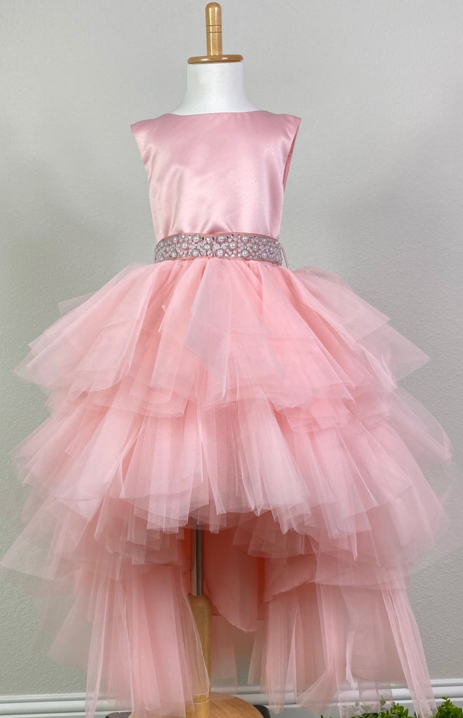 PINK Pink satin bodice Pearl embellished belt going from front to back Layered pink tulle skirting over pink satin Zipper closure Dress pictured with a petticoat Petticoat not included  Choose from a tulle, cloth, or wire for best look