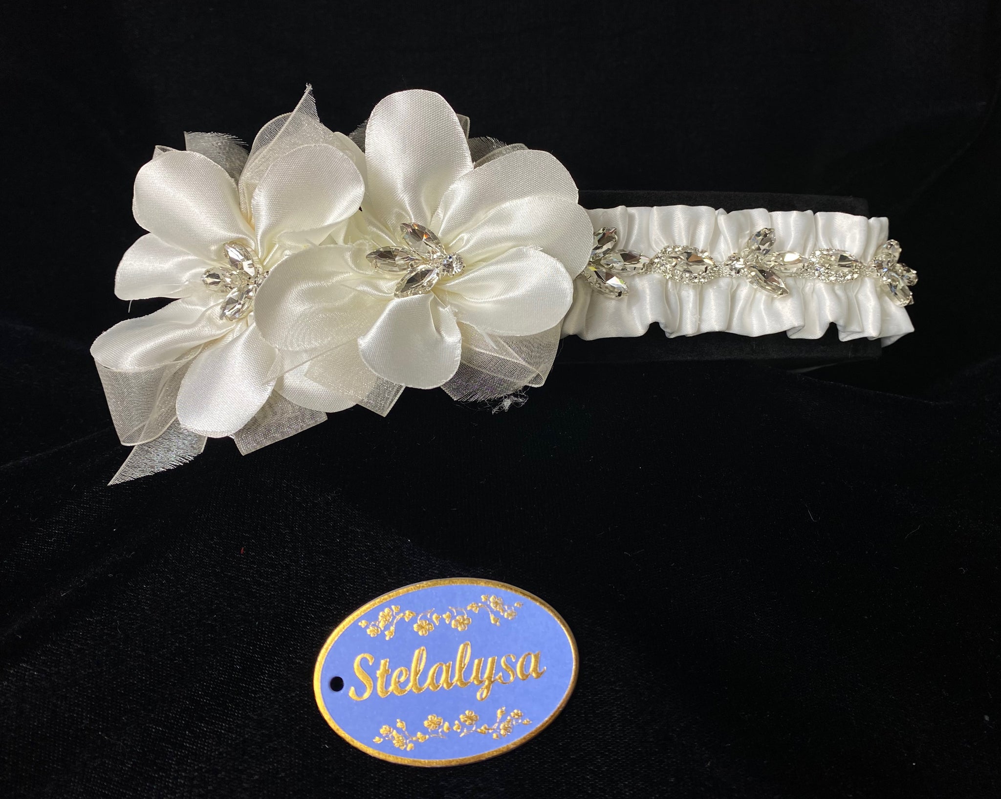 Baptism Headwrap  This is an elegant handmade and one-of-a-kind white satin headwrap with organza flowers and rhinestones.  Headwrap is elastic wrapped on soft satin material.   Your baby will look like the little princess she is with this headwrap on her special day!  