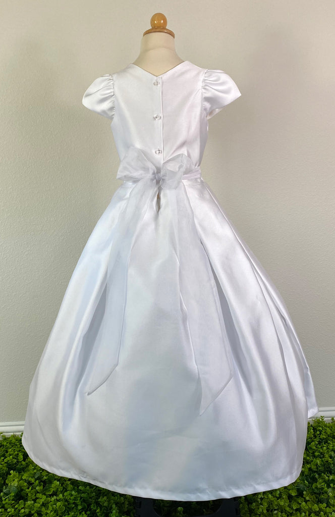 Paneled V-neck bodice Gathered Satin Sleeve Ribbed Tulle belt Pleated Satin Skirt Pearl button closure Tulle Ribbon for bow