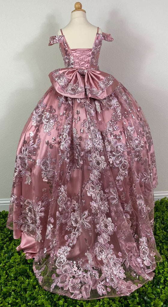 Mauve, size 6 Mauve bodice with embroidered floral sequins tulle overlay Off the shoulder Rhinestone band around lower bodice Mauve satin skirting with embroidered floral sequins tulle overlay Corset back Large mauve bow Large train Dress pictured with a petticoat Petticoat not included  Choose from a tulle, cloth, or wire for best look
