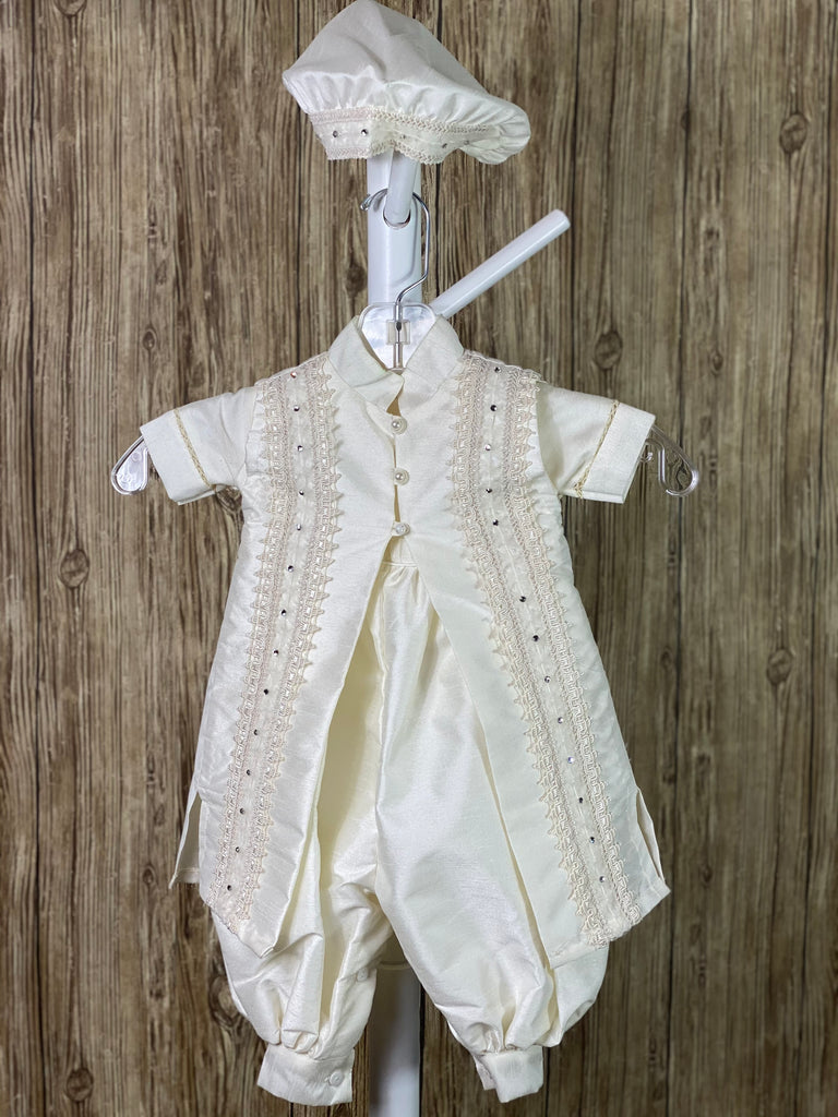 This a beautiful, one-of-a-kind boy’s baptism gown/set.  Lovely clothes for a precious child.  Ivory, size 12M Raw Silk Collared shirt with short sleeves Buttoning on pant cuffs Button closure on back of shirt Braided trim around stole Rhinestones down stole Button closure on stole