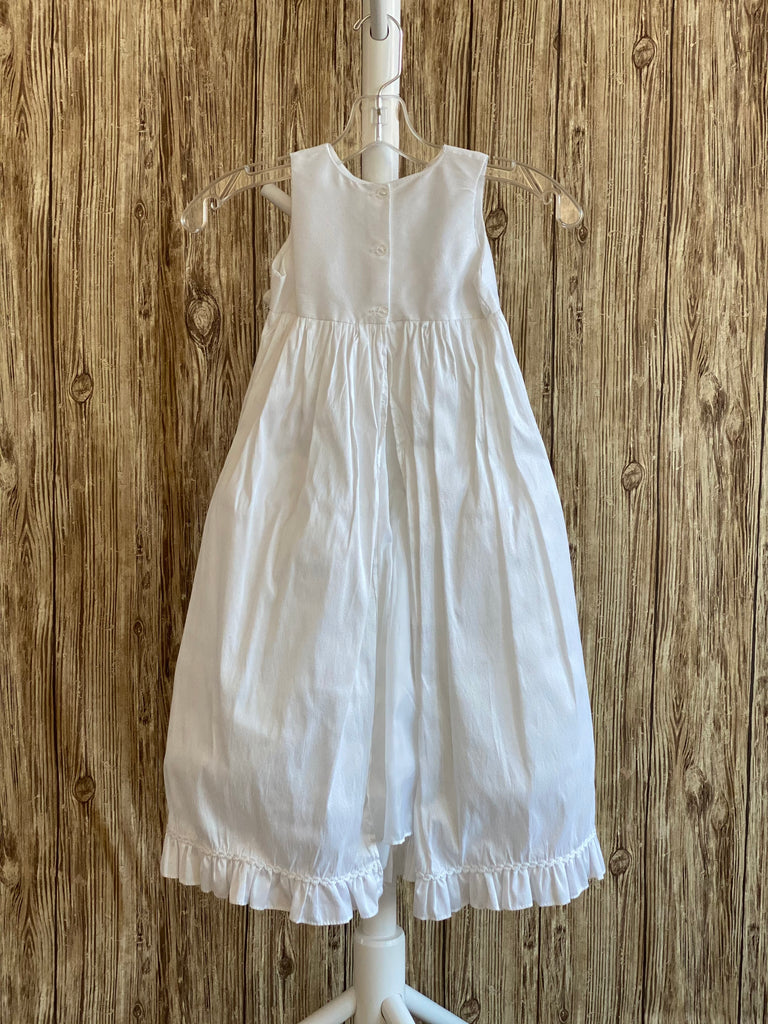 This a beautiful, one-of-a-kind baptism gown.  A lovely gown for a precious child.  White, size 24M Silk bodice with pleated belting effect Rhinestones throughout bodice Two piece silk skirting Pleated detailing on skirt  Pinstripes on skirting Ruffled trip along skirt edge Ruffled sleeves Button closure
