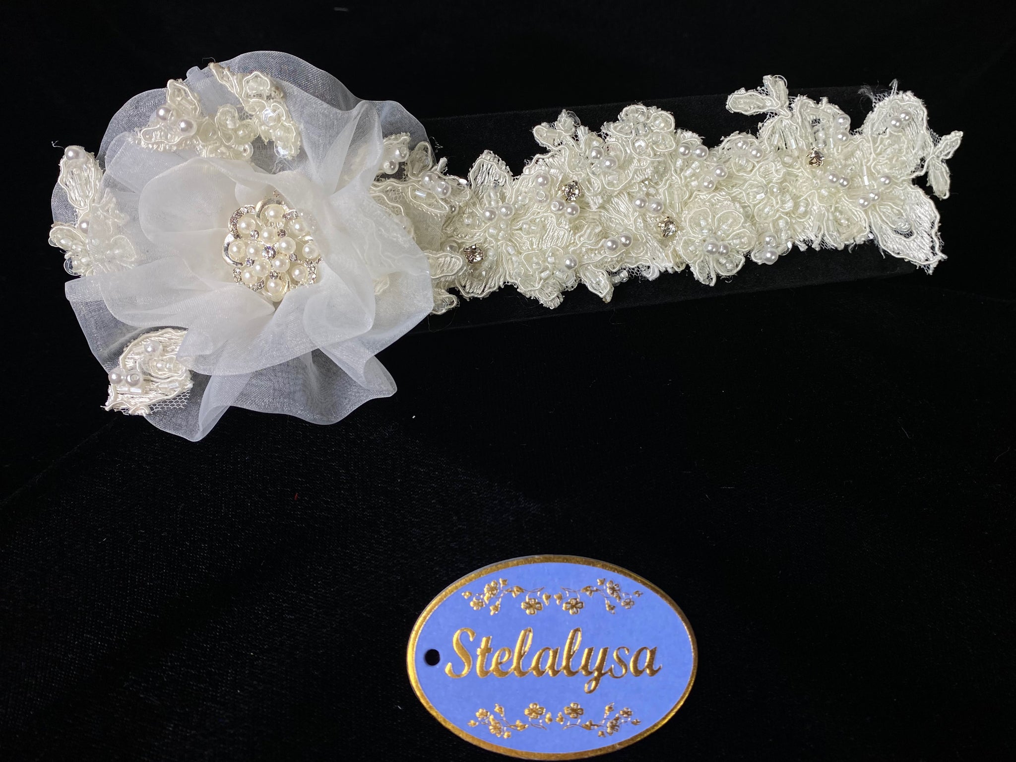 Baptism Headwrap  This is an elegant handmade and one-of-a-kind white & ivory satin elastic headwrap with flowers, pearls and rhinestones.   Your baby will look like the little princess she is with this headwrap on her special day!  