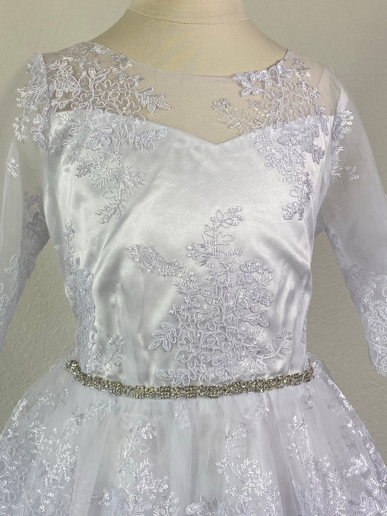 Quarter Bell Sleeve with Lace Overlay Embroidered illusion Bodice  Elegant thin rhinestone belt Floral sequined Lace Overlay on Skirt Zipper closure Embroidered sequins ribbon for bow