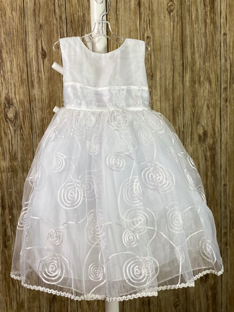 This a beautiful, one-of-a-kind baptism gown.  A lovely gown for a precious child.  White, size 24M Satin bodice Pleated satin belting Swirled mesh tulle skirting Mesh bow in the back