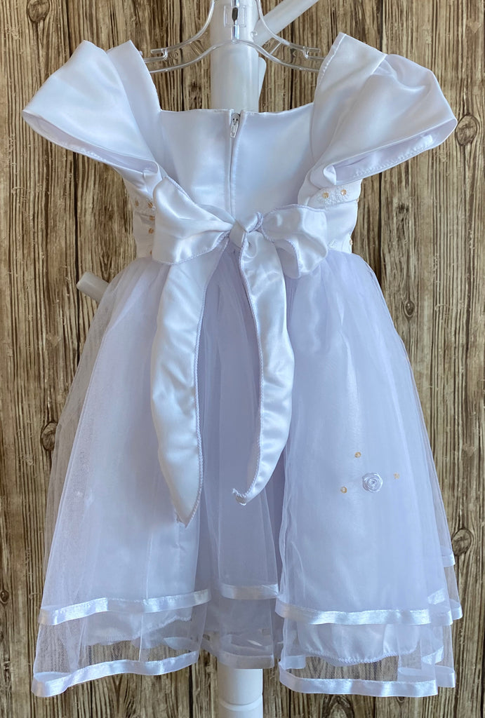 This a beautiful, one-of-a-kind baptism gown.  A lovely gown for a precious child.  White, size 12M Satin bodice with gold (sequins) and white embroidered flowers White cap sleeve  Large bow with floral center on bodice edge Tulle skirting with white roses Ribbon edge around tulle skirt Large ribbon bow in back 