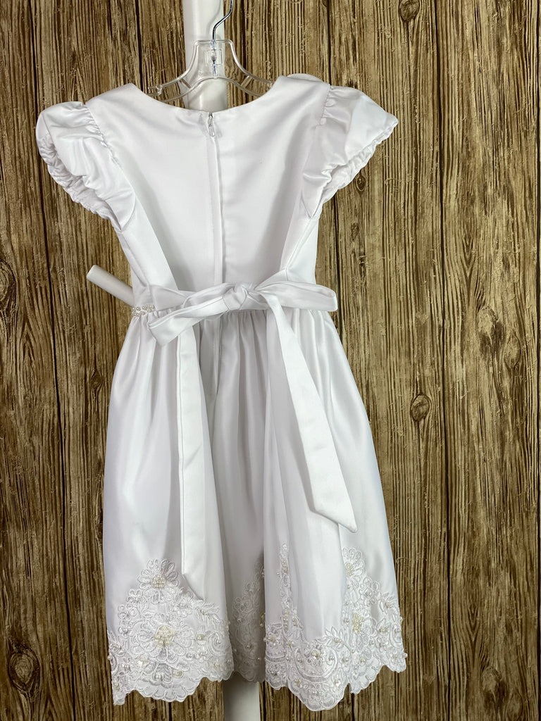 This a beautiful, one-of-a-kind baptism gown.  A lovely gown for a precious child.  White, size 12M Satin bodice with flower detailing on shoulder Satin ruffled cap sleeve Beaded belting Satin pleated skirting with handsewn lace detailing around bottom Zipper closure Satin bow in back