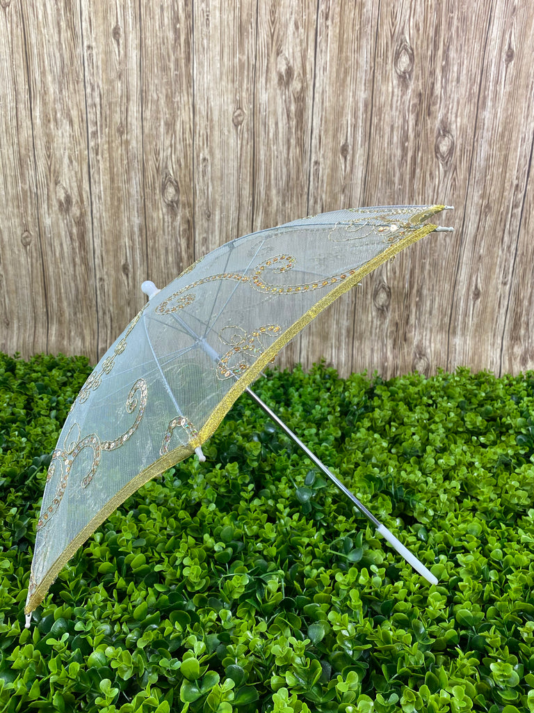 Gold see-through mesh umbrella with sequins detailing. 80in around, 30in in diameter, 20in tall Perfect for girls ages 1-6