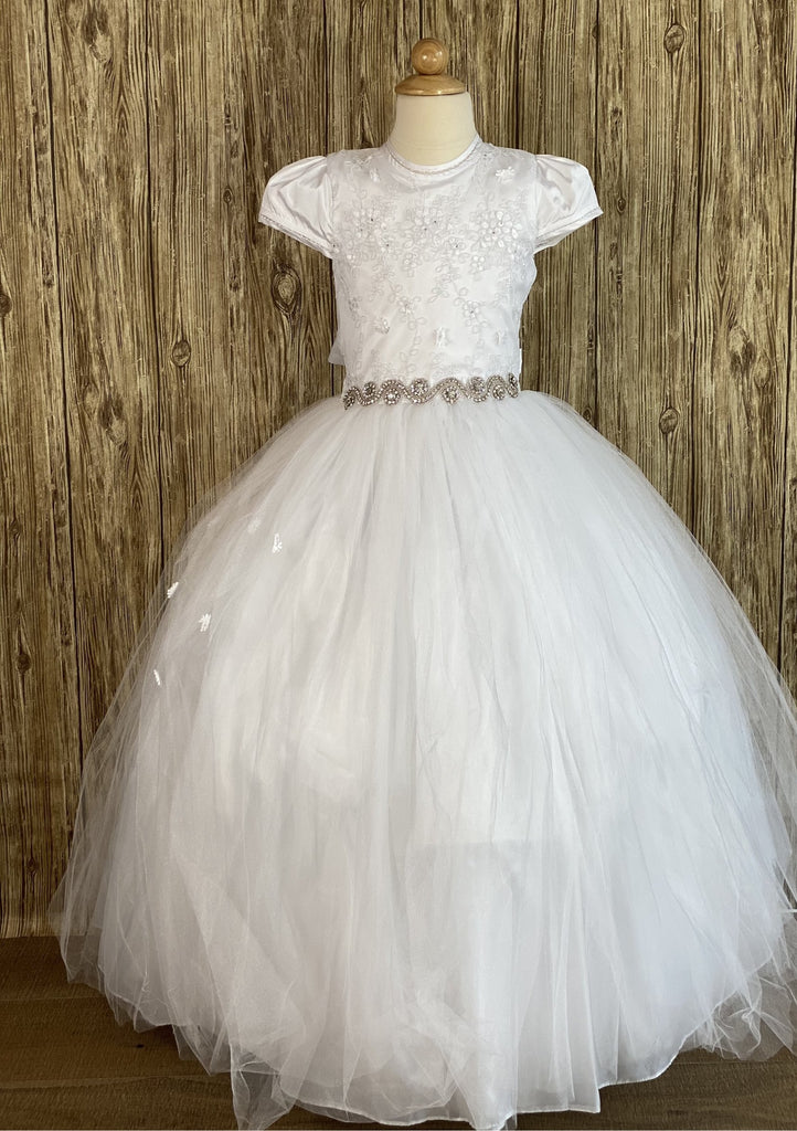 White, size 8 Short sleeve Embroidered Satin Bodice with crystals Jeweled rhinestone belt Layered tulle skirt with flowers Satin ribbon for bow Satin covered buttons for closure