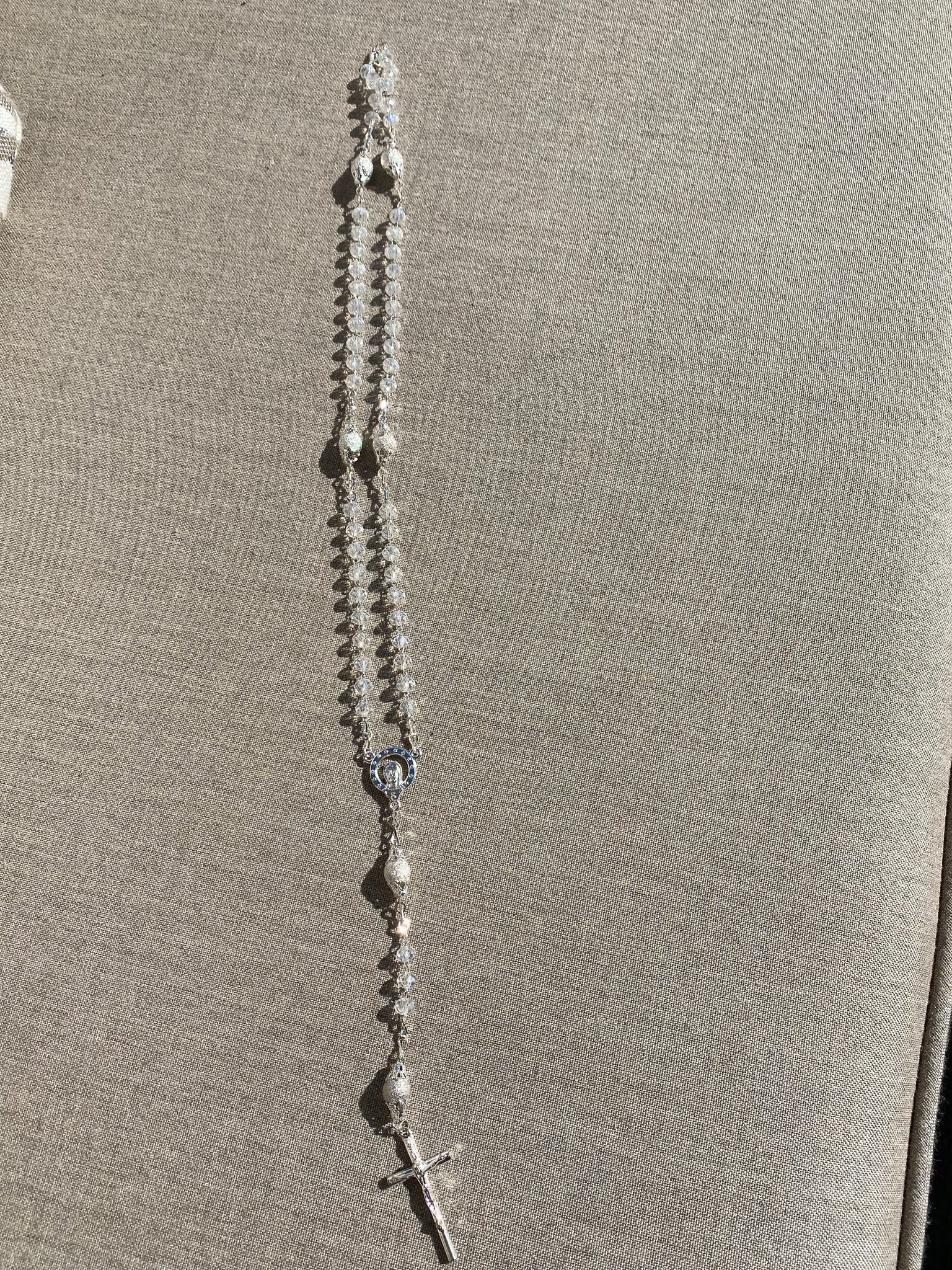 Rosaries are a very special symbol and prayer guide.    Silver rosary with beads.  A must have for the First Communion or to be given as a special gift for any occasion.  A rosary is included in the Bible Set.  However, you can also purchase it on its own if needed.  16 1/2 in. long.