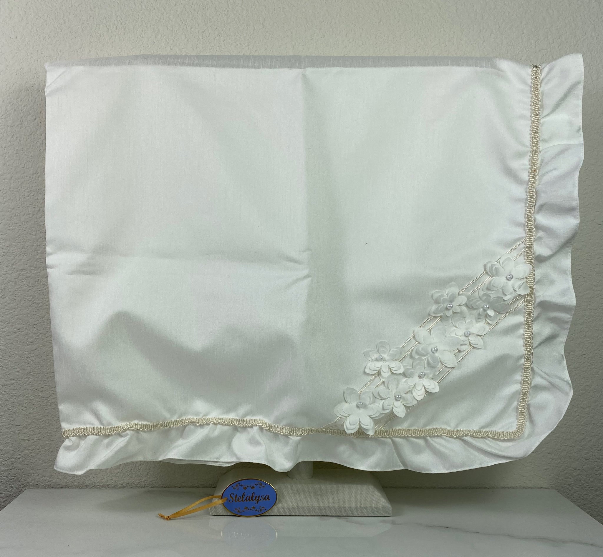Beautiful ivory silk baptism blanket with flower, embroidery, and pearls. 