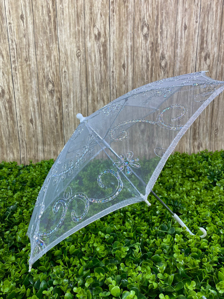 Silver see through mesh umbrella with sequins detailing. 80in around, 30in in diameter, 20in tall Perfect for girls ages 1-6