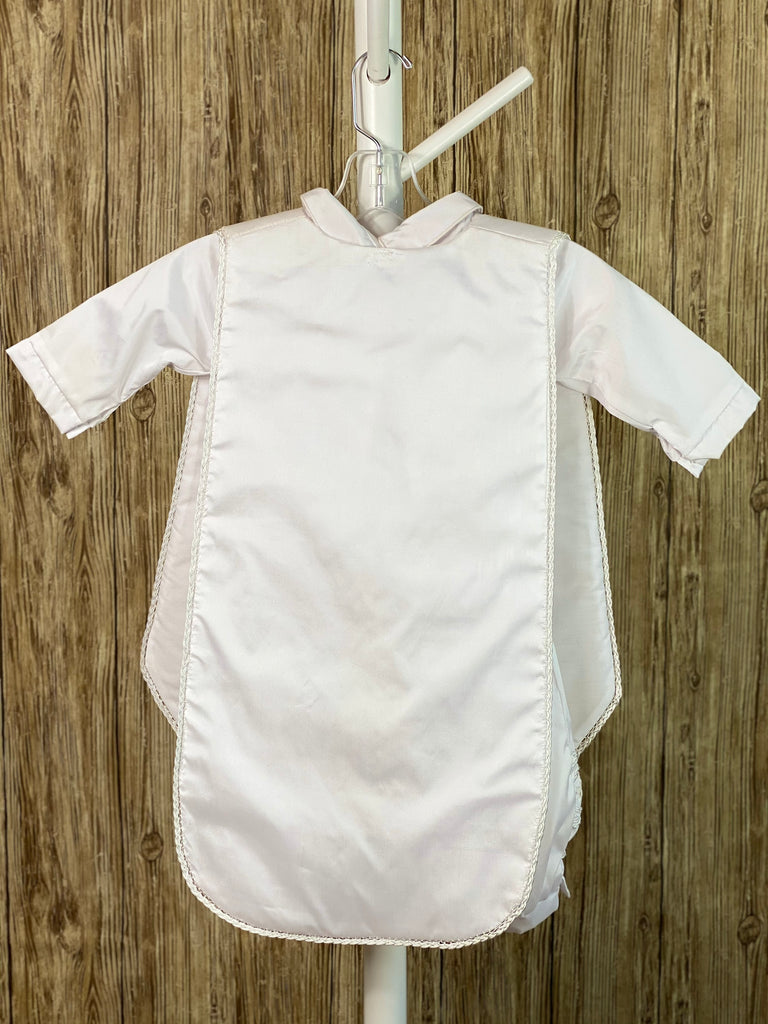 This a beautiful, one-of-a-kind boy’s baptism gown/set.  Lovely clothes for a precious child.  White satin, size 12M Collared shirt with short sleeves Buttoning on pant cuffs Button closure on back of shirt Braided trim along edge of stole Embroidered cross on stole Braided pin tucks on pant legs Rope closures on chest of stole and under arms