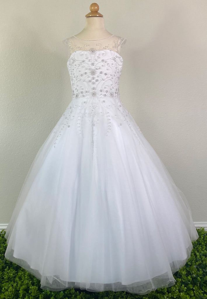 White, size 10 Beaded floral illusion bodice  Satin with tulle overlay Zipper closure short sleeve