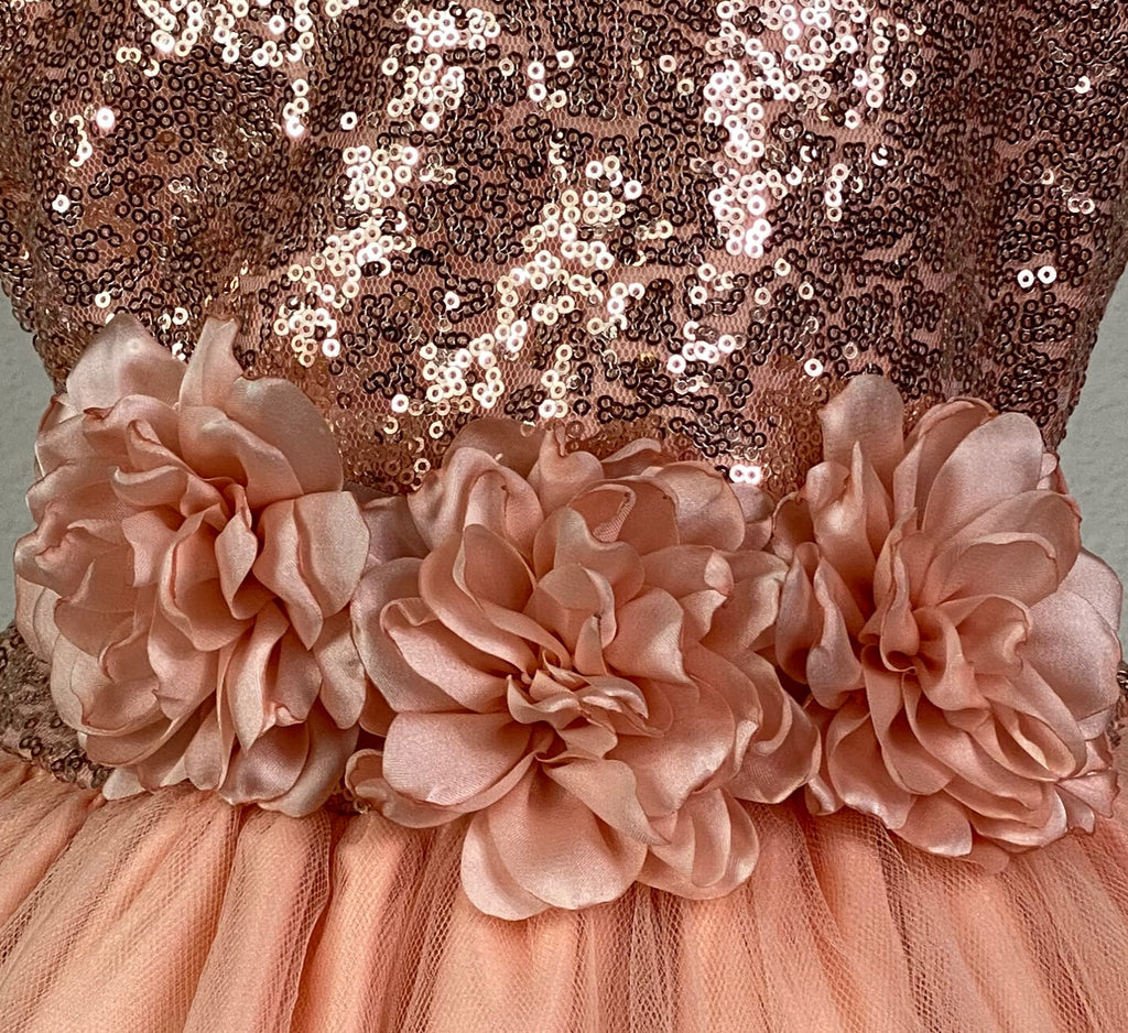 Peach, size 6 Peach sequins bodice Large flowers placed along ribbon going into bow in back Peach satin skirting with tulle overlay Zipper closure Dress pictured with a petticoat Petticoat not included  Choose from a tulle, cloth, or wire for best look