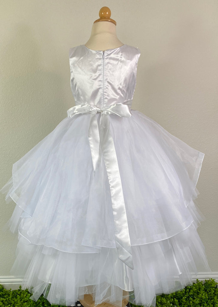 White, size 8 Embroidered Tulle over satin bodice with flowers and crystals throughout Layered ruffled mesh skirt over satin underlay Zipper closure Satin ribbon for bow