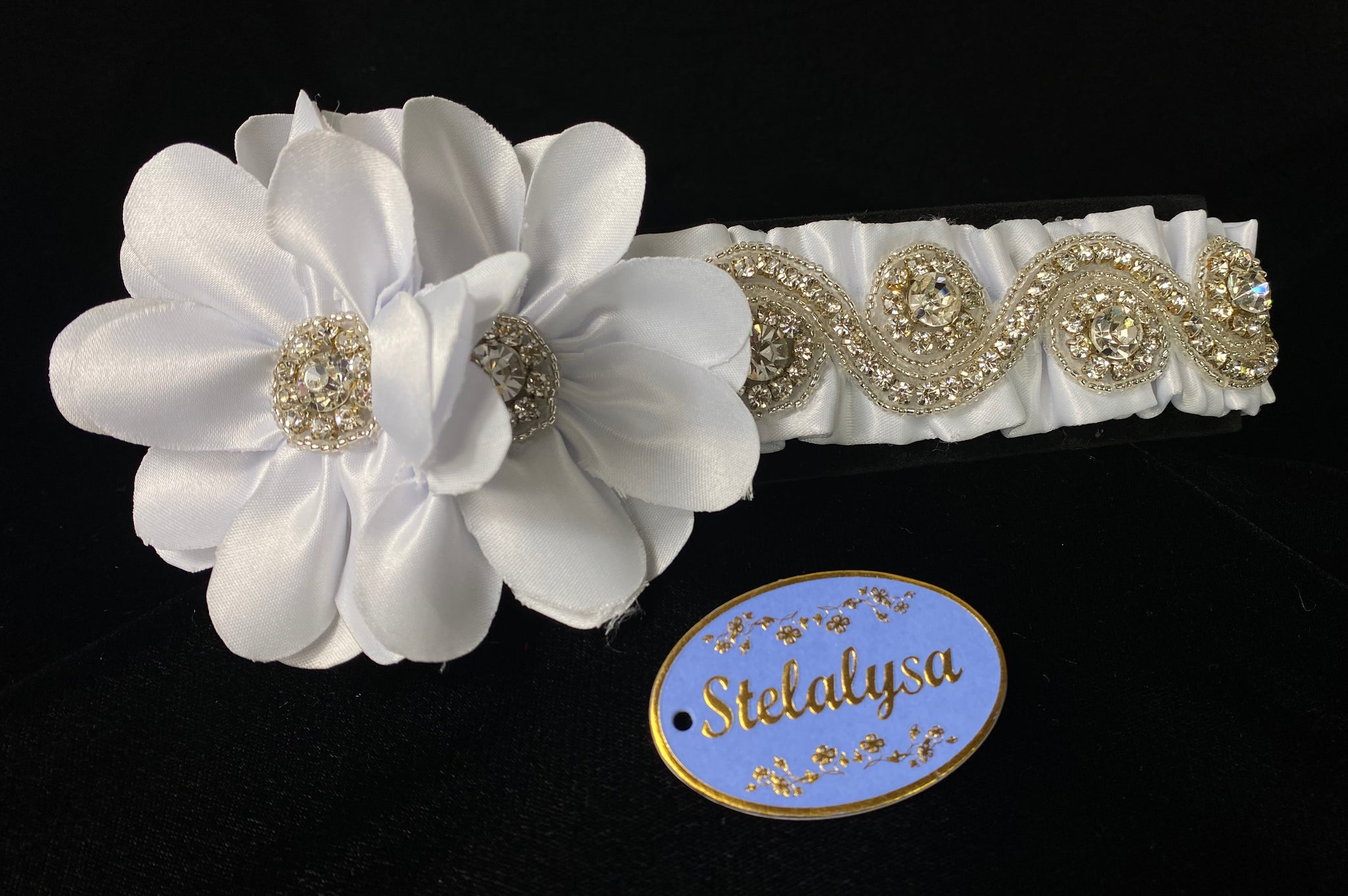 Baptism Headwrap  This is an elegant handmade and one-of-a-kind white headwrap with a two large satin flowers with an intricate rhinestone design.  Headwrap is made of soft satin elastic.  This headwrap can be worn with a white baptism dress/gown.  Your baby will look like the little princess she is with this headwrap on her special day!  