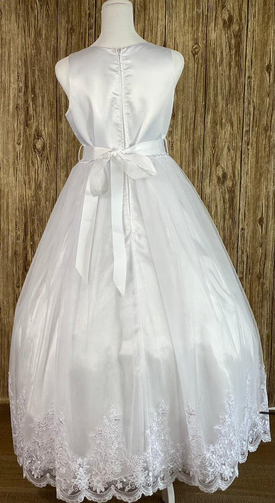 Paneled satin bodice Tulle skirt with lace edge Ribbon rhinestone and pearl with satin leaves belt Zipper closure Ribbon bow in back