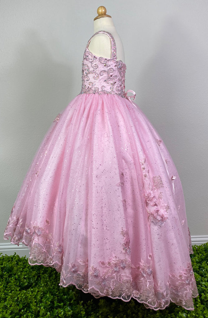 Pink, size 6 Pink circle neckline with paneled bodice Bedazzled appliques over entire bodice and neckline Pink glittered tulle over satin skirting Embroidered flowers over tulle on skirting Corset backing Dress pictured with a petticoat Petticoat not included  Choose from a tulle, cloth, or wire for best look