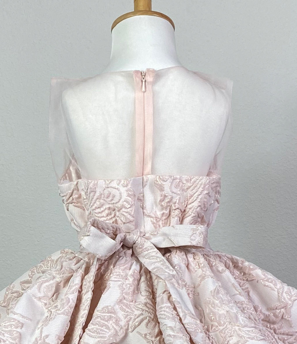 Blush, size 6 Embossed blush illusion bodice Embroidered jeweled lace detailing over bodice Embossed layered blush skirting Zipper closure Blush ribbon for bow in back Dress pictured with a petticoat Petticoat not included  Choose from a tulle, cloth, or wire for best look