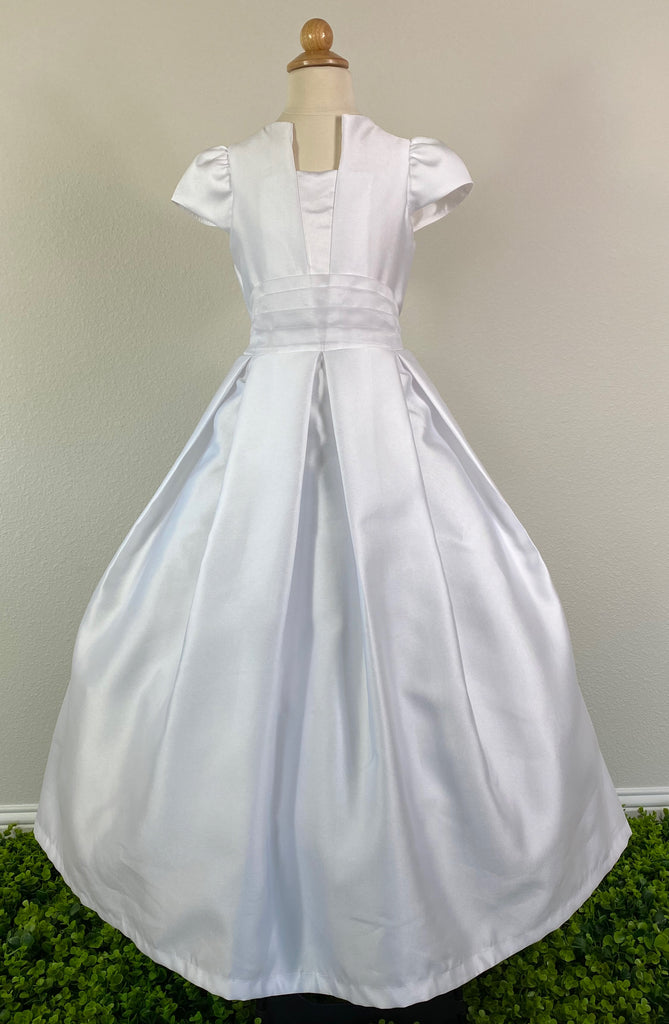 Paneled V-neck bodice Gathered Satin Sleeve Ribbed Tulle belt Pleated Satin Skirt Pearl button closure Tulle Ribbon for bow