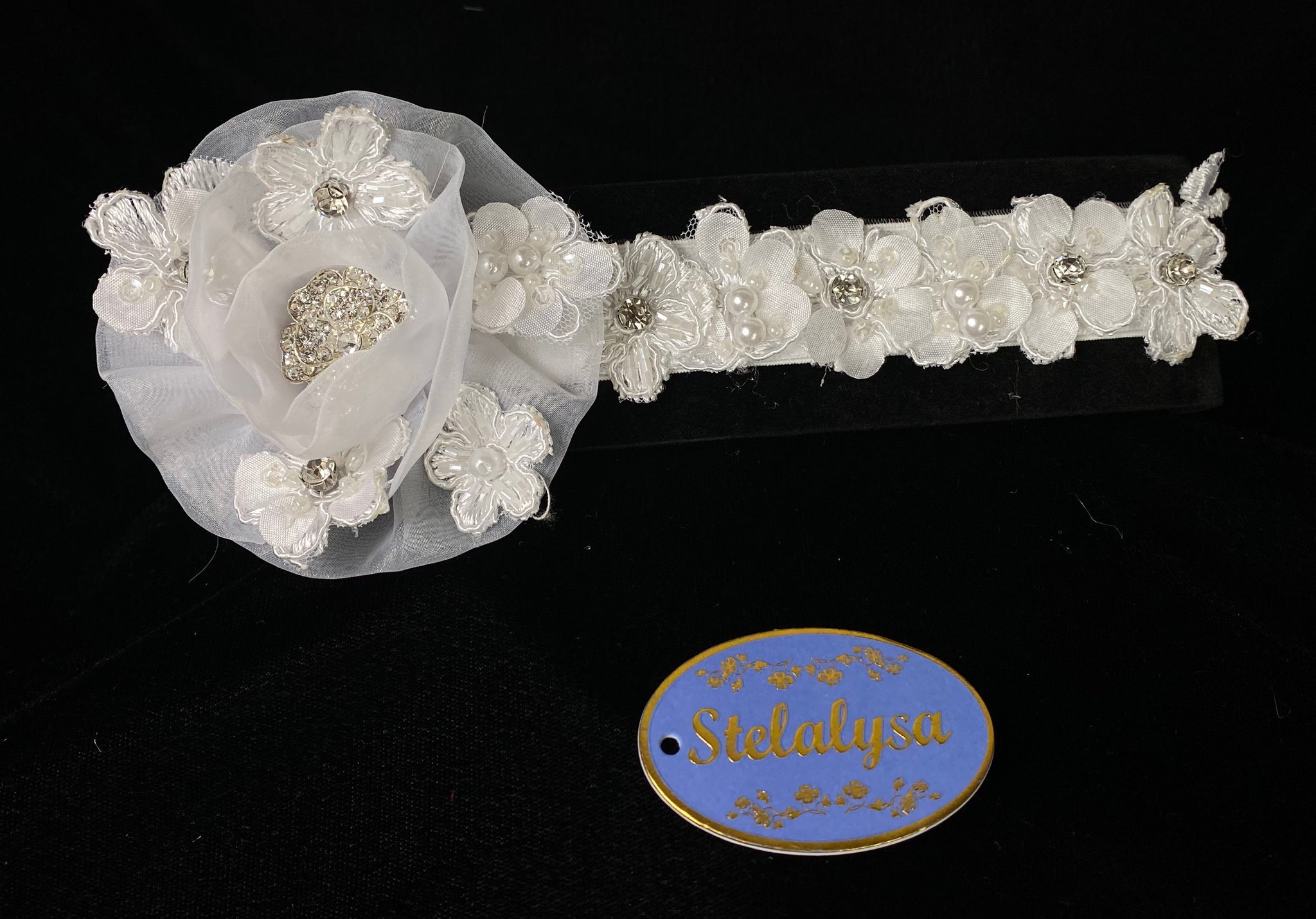 Baptism Headwrap  This is an elegant handmade and one-of-a-kind white headwrap with a large tulle flower with smaller flowers on petals with pearls and rhinestones.  The band has the same small flowers.  Each flower is unique and beautiful.  Headwrap is made of soft cotton lace elastic.  This headwrap can be worn with a white baptism dress/gown.  Your baby will look like the little princess she is with this headwrap on her special day!  